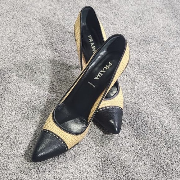 Prada Shoes - SOLD Prada Black Leather Raffia Cap Toe Pump Heels Sz 39